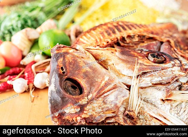 Dried fish and curry on the table for cooking