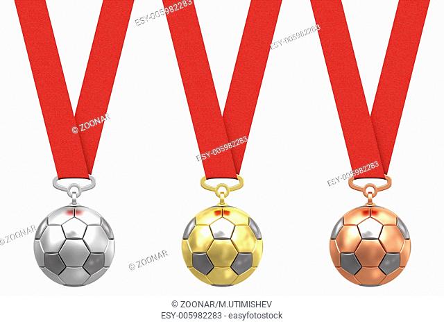 Gold, silver and bronze soccer ball with red ribbo