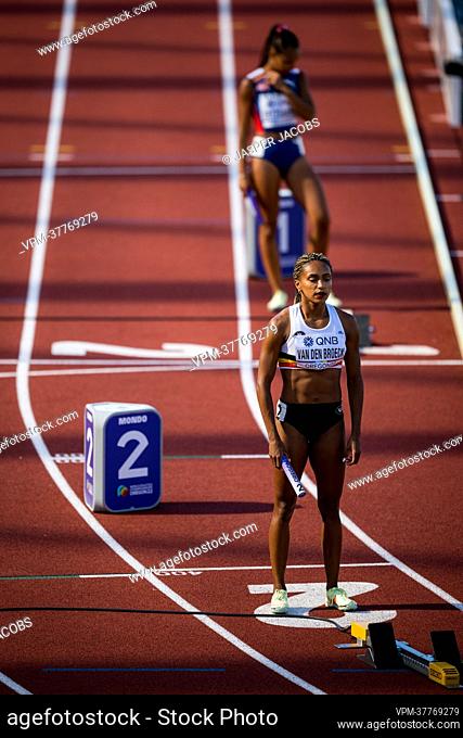 Belgian Naomi Van den Broeck pictured in action during the heats of the women's 4x400m relay race, at the 19th IAAF World Athletics Championships in Eugene