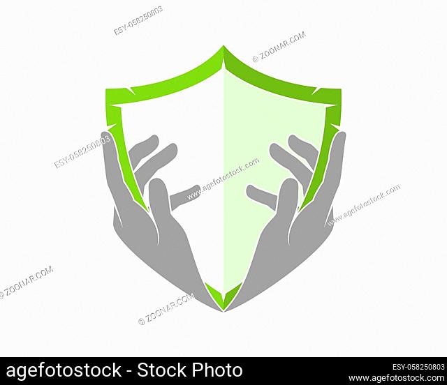 Hand care holding green shield logo