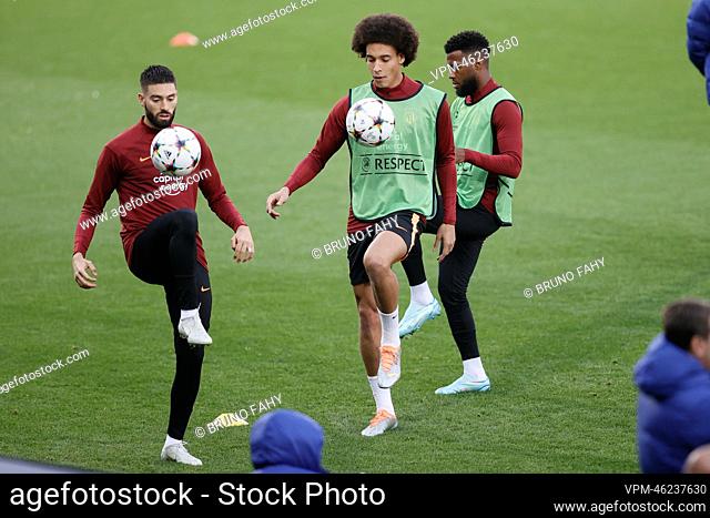 Atletico's Yannick Carrasco, Atletico's Axel Witsel and Atletico's Thomas Lemar pictured during a training session of Spanish soccer team Atletico Madrid