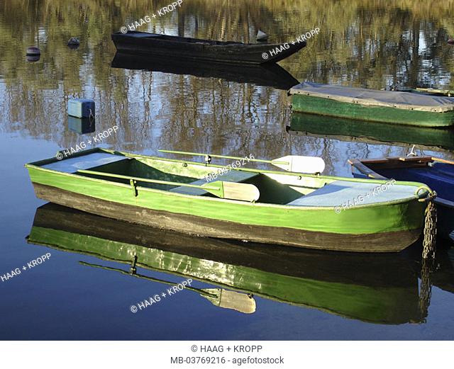 Shores, rowboats, buoys   Forest sea, sea, water surface, trees, forest, Reflection, shores, boats, wood boats, fisher boats, aims, fishing rods, fishing