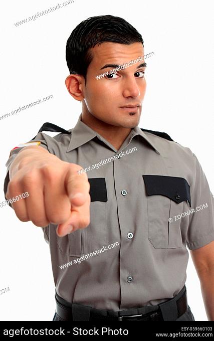 A security guard, prison officer or other similarly dressed occupation. Man is pointing his finger