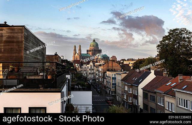 Brussels Capital Region - Belgium - 02 08 2021: Panoramic view over the Brussels skyline during sunset with warm tones