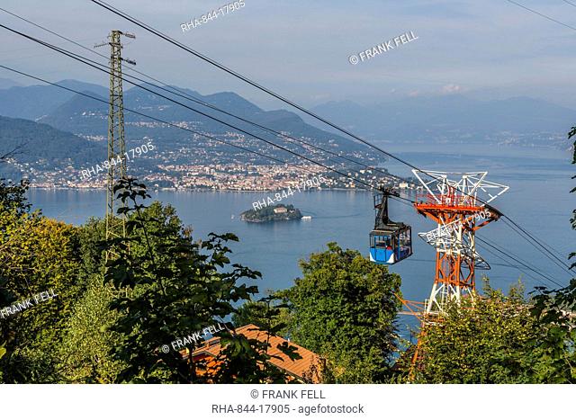 View of Cableway Stresa Mottarone and Lake Maggiore from elevated position above Stresa, Piedmont, Italian Lakes, Italy, Europe