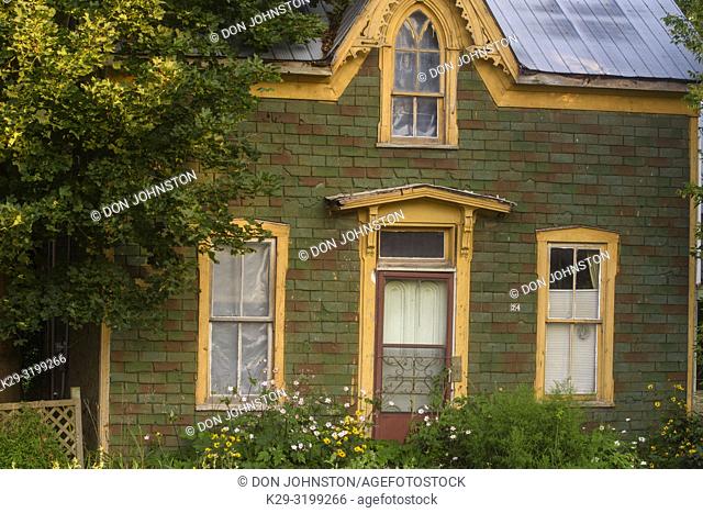 Summer flowers overgrowing an old house along mainstreet, Kirkton, Ontario, Canada