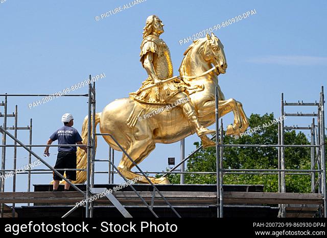 20 July 2020, Saxony, Dresden: A man stands on a scaffold in front of the equestrian statue of August the Strong, the so-called Golden Horseman