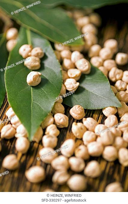 Dried chick-peas and fresh bay leaves