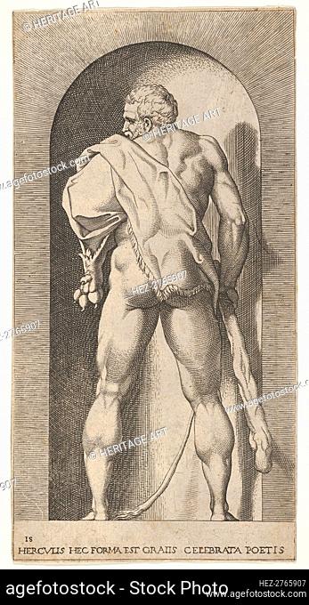 Plate 15: Hercules standing in a niche, wearing a lion skin and holding a club, viewed fro.., 1526. Creator: Giovanni Jacopo Caraglio