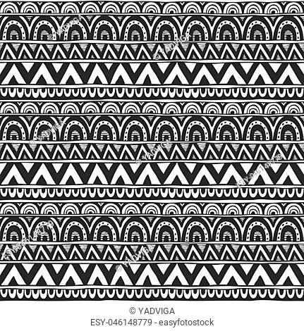 Seamless ornament from circles and triangles geometric elements in ethnic style black and white. Seamless vector pattern