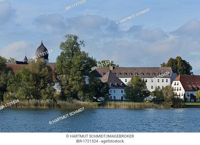 Frauenchiemsee Island, Frauenwoerth Monastery with farm buildings, Chiemsee, Fraueninsel, Ladies Island, Upper Bavaria, Bavaria, Germany, Europe