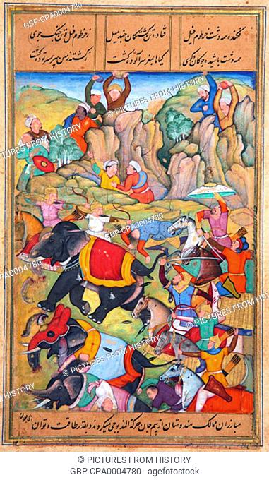 Uzbekistan / India: Timur defeats the Sultan of Delhi, Nasir Al-Din Mahmum Tughluq, in the winter of 1397-1398, painting dated 1595-1600