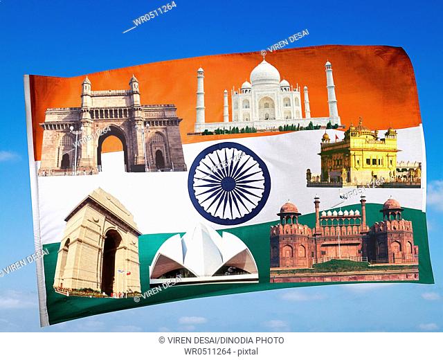 National flag with famous monuments in blue sky