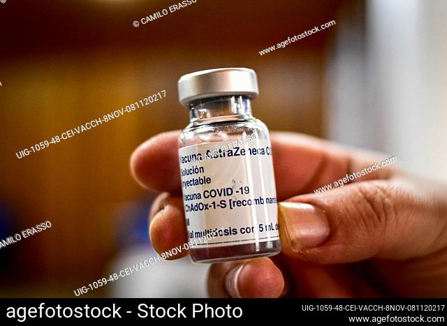 A nurse vaccinator holds a vial of the AstraZeneca COVID-19 Vaccine as The Colombian goverment begins to vaccinate children between ages 3 to 11 against the...