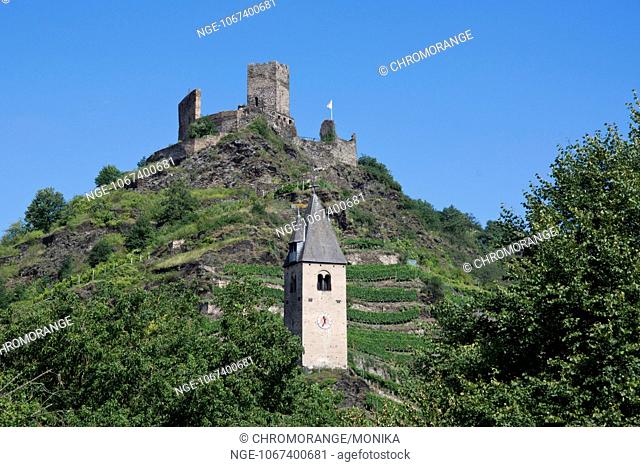 View of the Romanic bell tower of Kobern, in the background the Lower Castle, Kobern Gondorf, Moselle, district Mayen Koblenz, Rhineland Palatinate, Germany