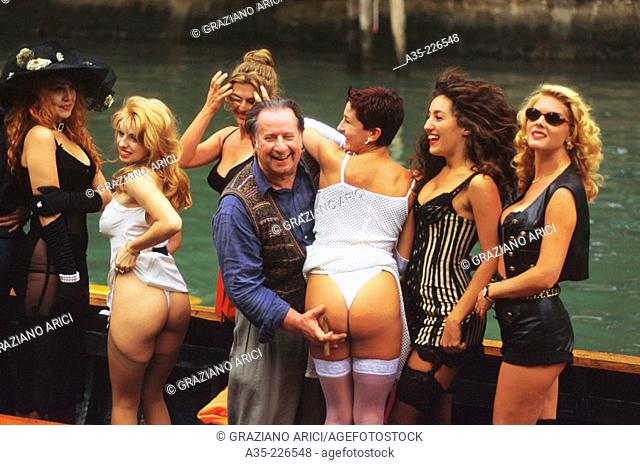 Tinto Brass and the female cast of the film 'Trasgredire', Mostra del Cinema, Venice