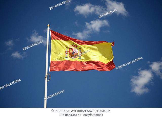 Close-up of the Spanish national flag waving