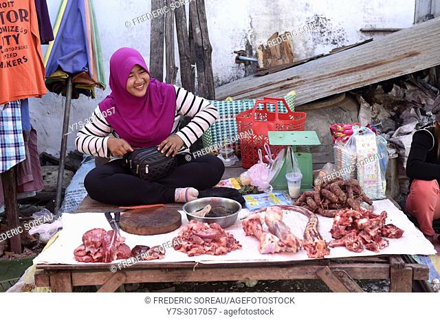 Butcher at a local market near Battambang, Cambodia, South East Asia, Asia