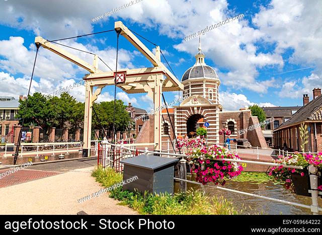 Leiden, Netherlands - July 21, 2020: Historic entrance gate Morspoort to the centre of the city Leiden in the Netherlands