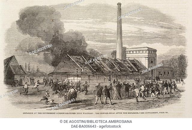 Explosion at the government gunpowder-works near Waltham, United Kingdom, illustration from the magazine The Illustrated London News, volume XXXVIII, June 8