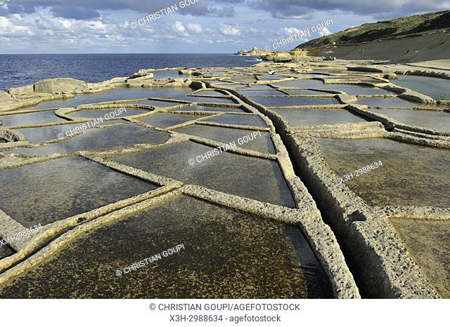 salt pans on the north coast of Gozo Island, Malta, Mediterranean Sea, Southern Europe