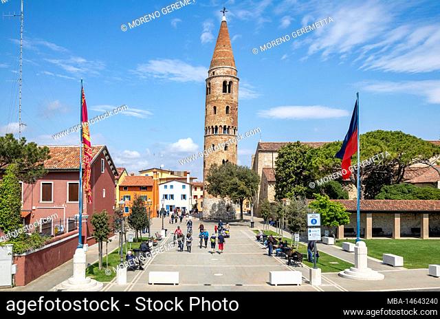 Italy, Veneto, province of Venice, city of Caorle, the Bell Tower, symbol of Caorle, rare cylindrical shaped bell tower
