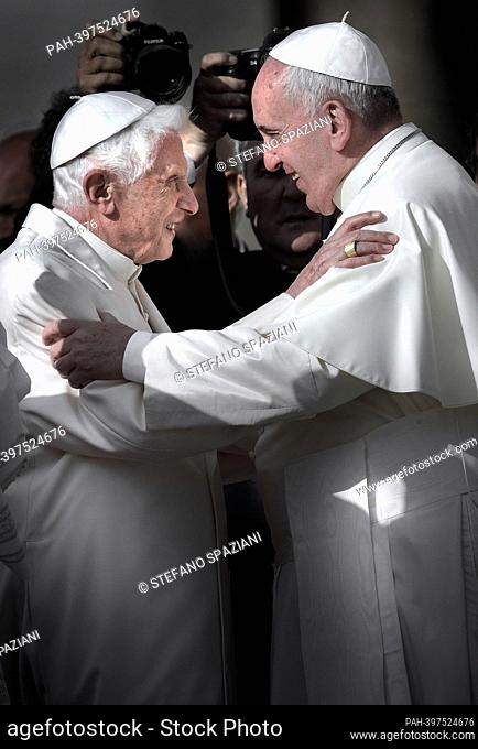 March 13, 2023 marks 10 years of Pontificate for Pope Francis. in the picture : Pope emeritus Benedict XVI with Pope Francis during a papal mass for elderly...