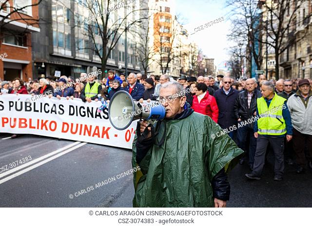BILBAO, SPAIN - MARCH 17, 2018: Thousands of unidentified people in the protest against the small rise of 0.25% of the pensions of the Government of Mariano...