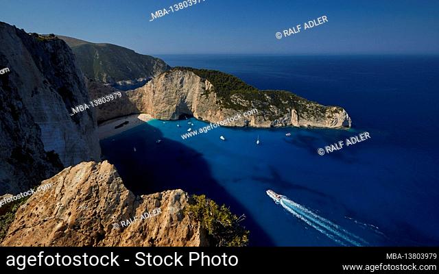 Zakynthos, Paralia Navagio, Shipwreck Beach, wide angle view, view from above over the entire bay and large part of the beach