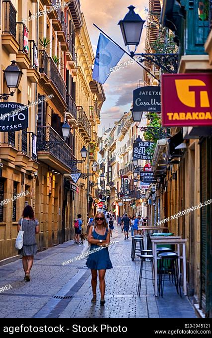 Tourists walking in the Parte Vieja, Donostia, San Sebastián, Gipuzkoa, Basque Country, Spain, Europe, Going into the Parte Vieja is to discover the true social...