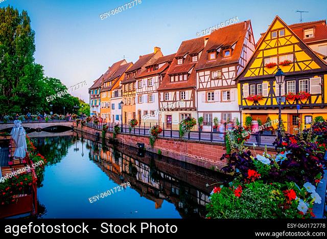 Colmar, Alsace, France. Petite Venice, water canal, and traditional half timbered houses. Colmar is a charming town in Alsace, France