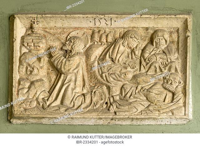 Medieval stone relief at the City Tower of Straubing, Lower Bavaria, Bavaria, Germany, Europe, PublicGround