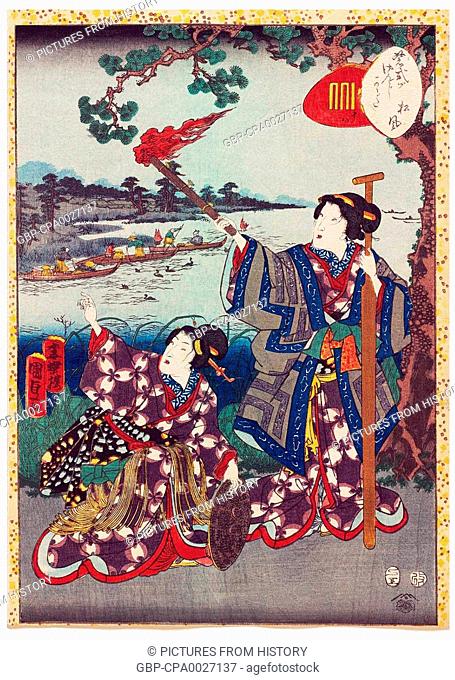 Japan: 'Cormorant Fishing'. No. 18, Matsukaze, from the series Lady Murasaki's Genji Cards (Murasaki Shikibu Genji karuta)