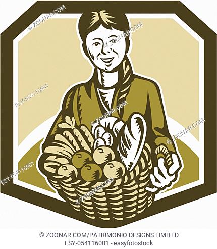 Illustration of female organic farmer gardener horticulturist with basket full of crop harvest, fruits and vegetables set inside shield done in retro woodcut...