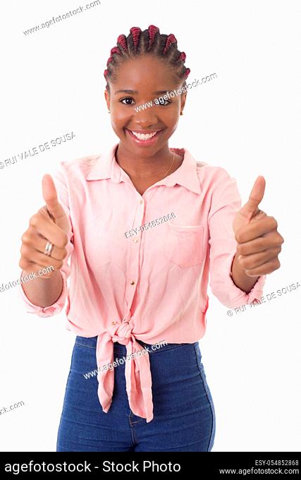 young african woman going thumbs up, isolated on white background