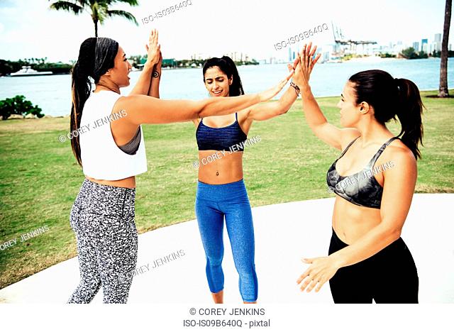 Three young women outdoors, wearing sports clothing, giving high fives, South Point Park, Miami Beach, Florida, USA
