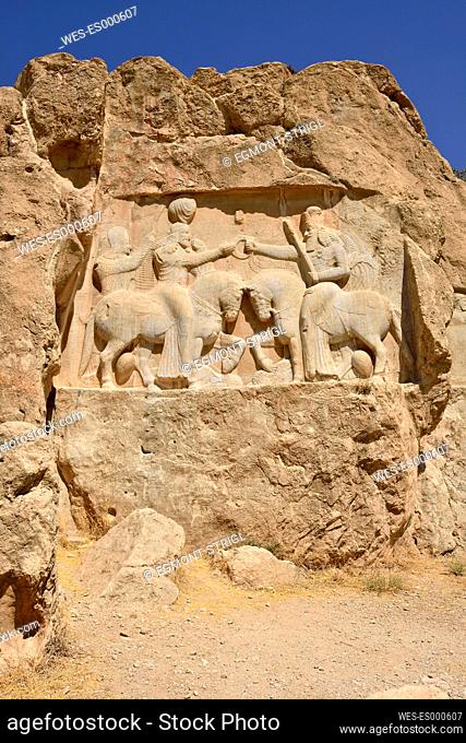Iran, Fars, Naqsh-e Rostam, sassanid relief of king Ardaschir I. and god Ahura Mazda