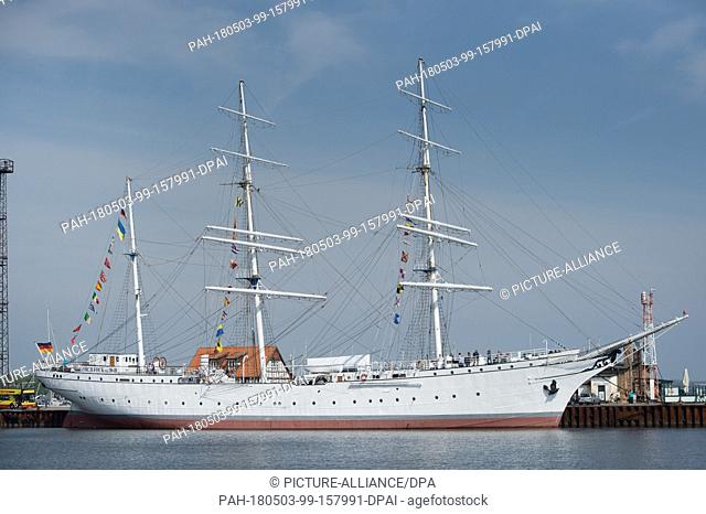 03 May 2018, Germany, Stralsund: The sailing ship 'Gorch Fock I' at the city harbour. The ship celebrated its 85th anniversary in Stralsund