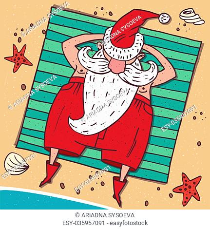 Cartoon carefree Santa Claus in red, lying on the beach by the sea and sunbathing. Around the sand, starfish and seashell. View from above