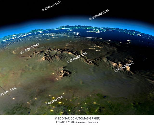 Sahara from Earth's orbit in space. 3D illustration with detailed planet surface. Elements of this image furnished by NASA