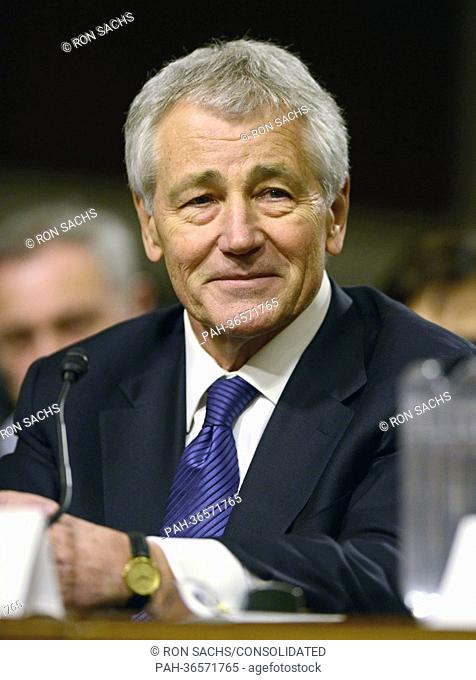 Former United States Senator Chuck Hagel (Republican of Nebraska) appears at a U.S. Senate Committee on Armed Services hearing considering his confirmation as U