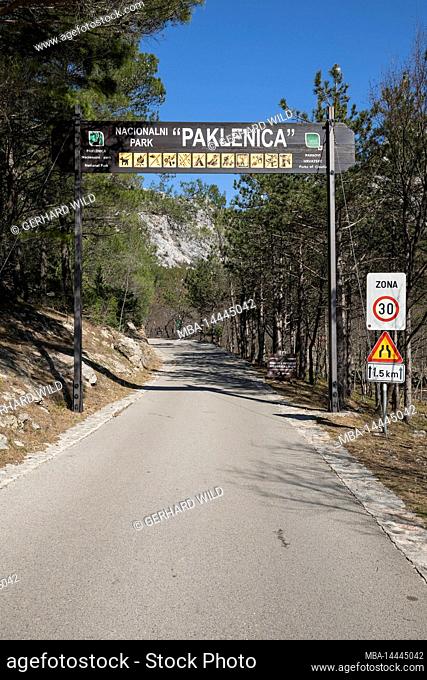 Entrance to Paklenica National Park in Velebit mountain massif, valley town Starigrad-Paklenica, Zadar County, Dalmatia, Croatia, Europe