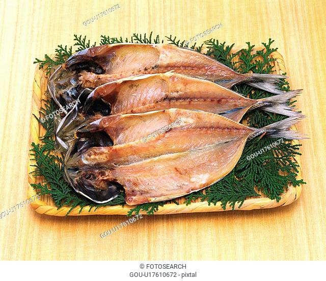 Horse Mackerel cut open and dried, high angle view