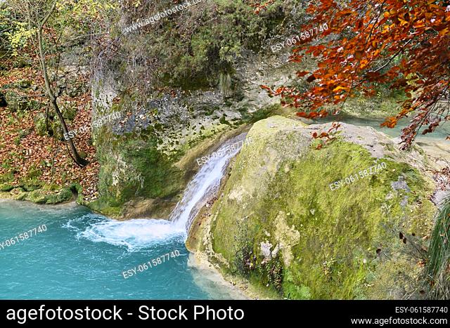 Turquoise water in the source of the Uderra River natural Park Urbasa-Andia, Baquedano, Navarre, Spain, Europe