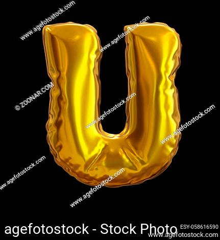 Golden Balloon Letter U, Realistic 3D Rendering on a black background
