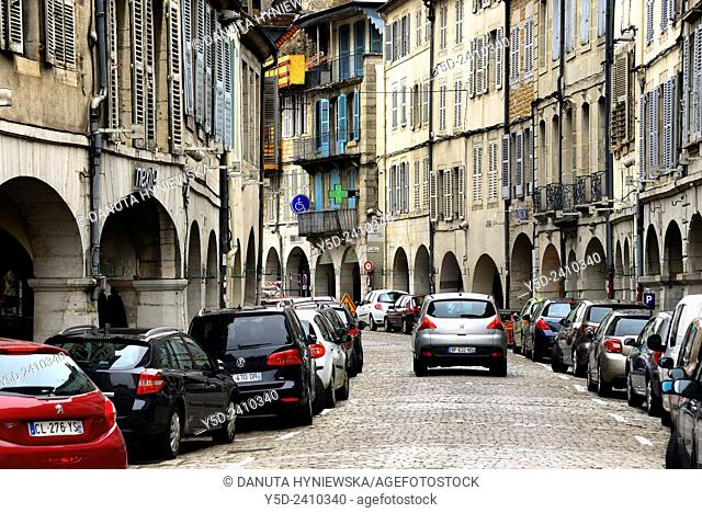Lons-le-Saunier, Rue Commerce - Commercial Street, architectural details - facades of houses in city center, capital of Jura department - préfecture (39)