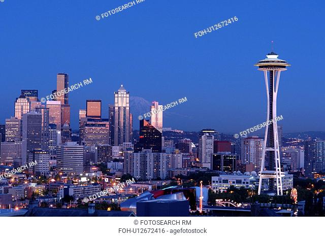 Seattle, WA, Washington, Seattle Downtown Skyline, Space Needle, from Kerry Park, evening