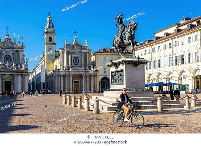 View of Emanuele Filiberto statue in Piazza San Carlo, Turin, Piedmont, Italy, Europe