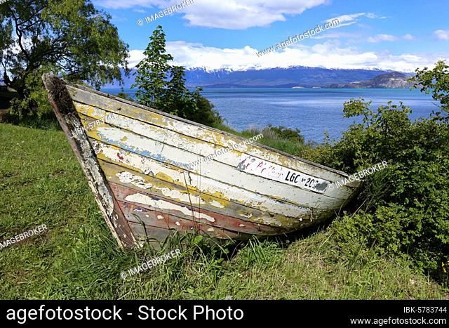 Old wooden canoe near General Carrera lake, Puerto Río Tranquilo, Carretera Austral, Aysen Region, Patagonia, Chile, South America