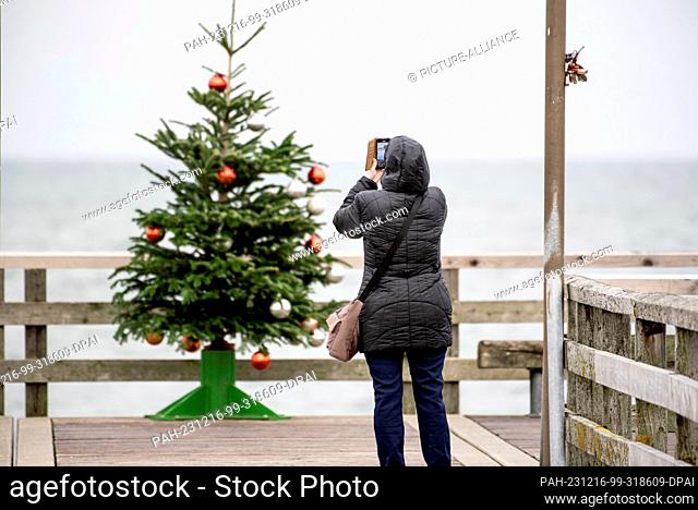 16 December 2023, Mecklenburg-Western Pomerania, Graal-Müritz: A walker takes a photo of a Christmas tree on the pier of the Baltic seaside resort